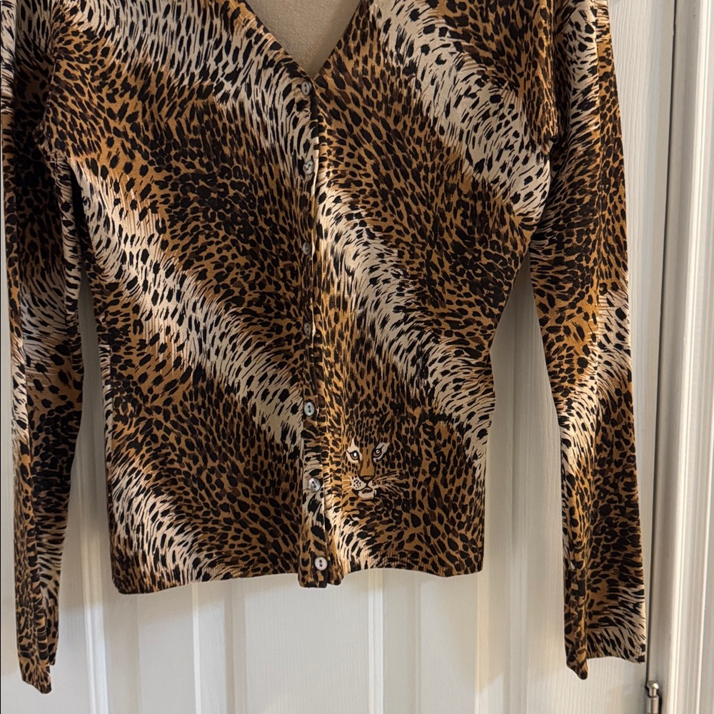 Caché Vintage Leopard Silk Blend Cardigan & Top w/ Leopard Face & Crystal Eyes - Picture 5 of 12
